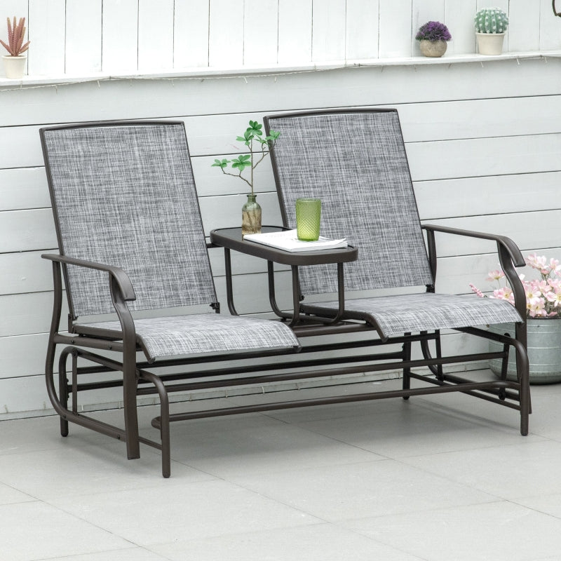 Metal Garden Glider Loveseat with Glass Table, 2 Seats, Brown/Grey