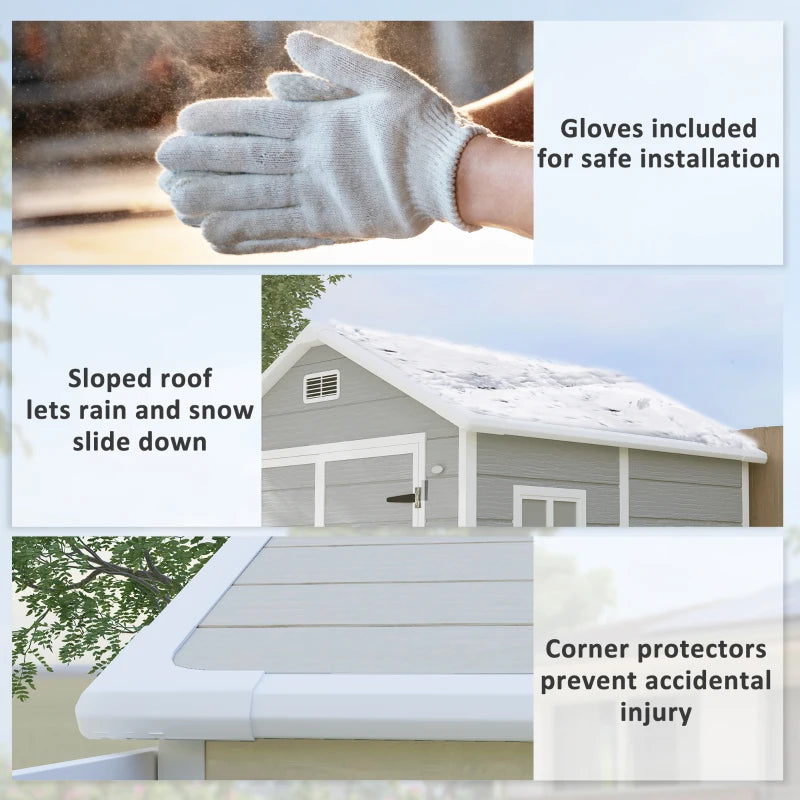 6 x 5ft Light Grey Plastic Garden Shed with Floor, Window, Lockable Doors and Vents - Wood Effect Resin Tool Storage for Outdoor Patio