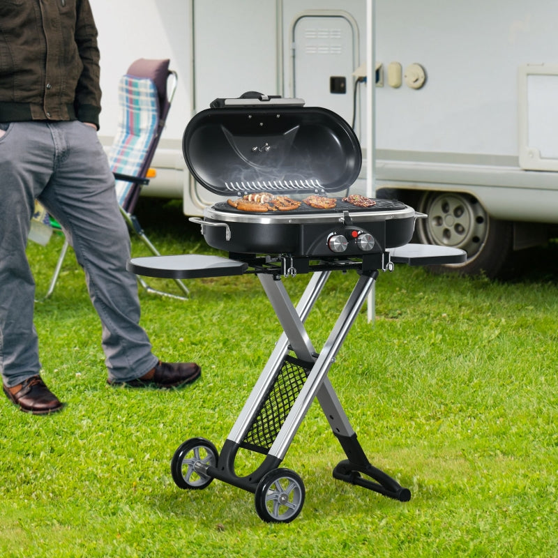 Foldable 2-Burner Gas BBQ Grill with Side Shelves - Black