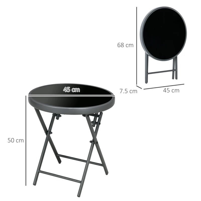 45cm Round Folding Garden Side Table - Outdoor Patio Coffee Table with Imitation Marble Glass Top - Black