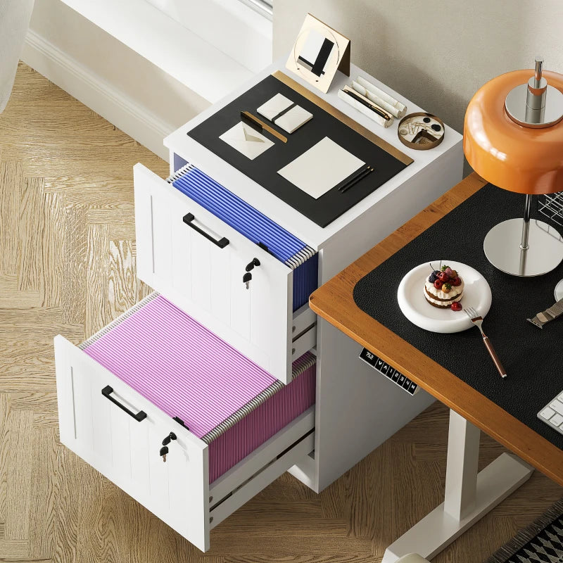 Secure 2 Drawer Filing Cabinet with Lock - Adjustable Hanging Bars for A4 Files - Stylish White Office Storage Solution