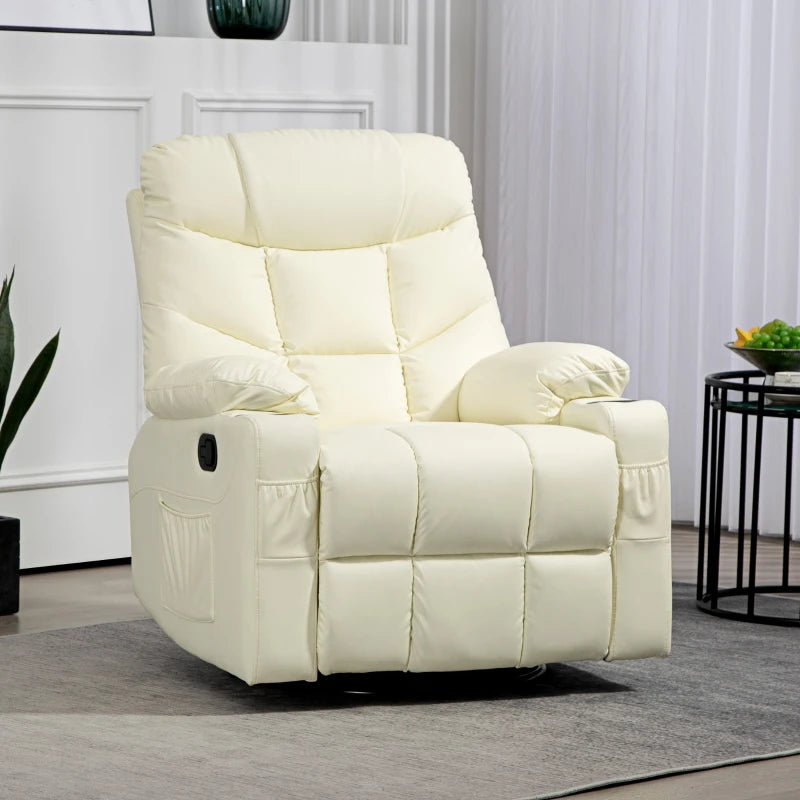 Manual Reclining Armchair with Swivel, Faux Leather, Footrest and Cup Holders - Cream, 86x93x102cm