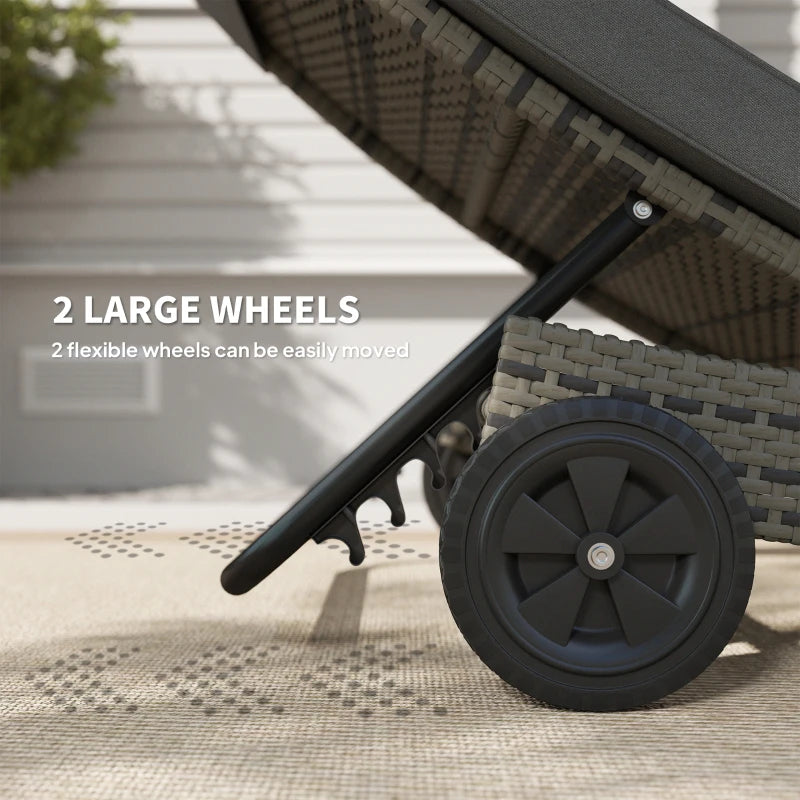 Dark Grey Outdoor PE Rattan Chaise Lounge Chair - Adjustable Backrest Sun Lounger with 2 Wheels, Size: Standard