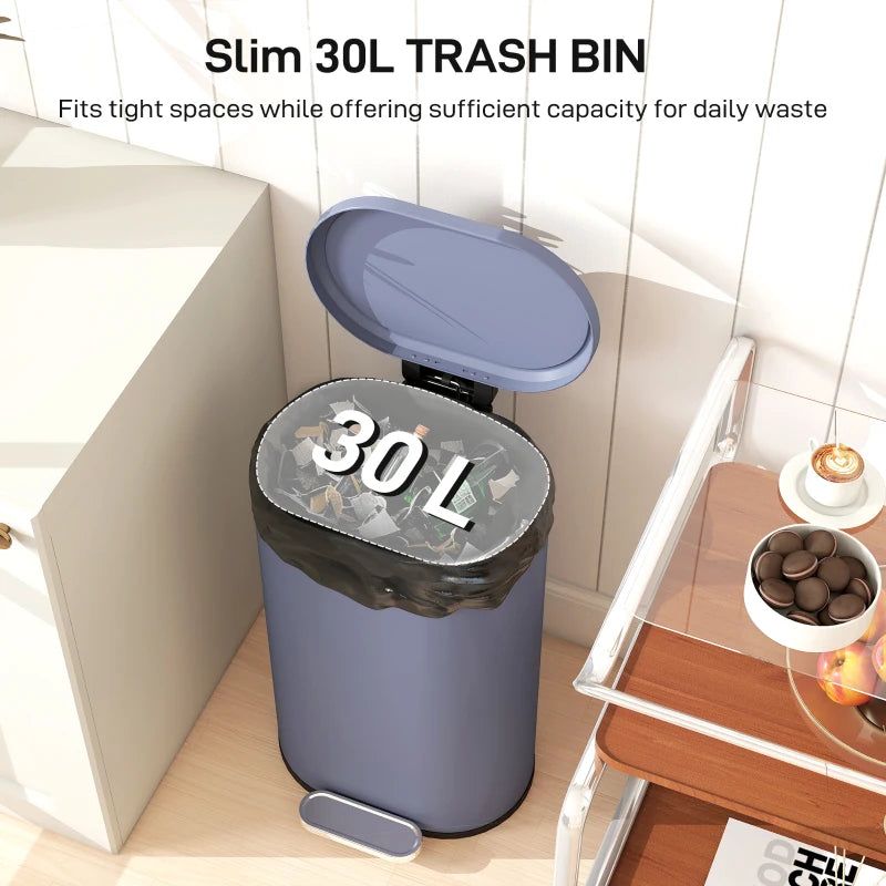 30L Slim Kitchen Bin with 90° Stay-Open Lid, Soft-Close Pedal, Removable Inner Bucket, Fingerprint-Resistant Grey for Home Office