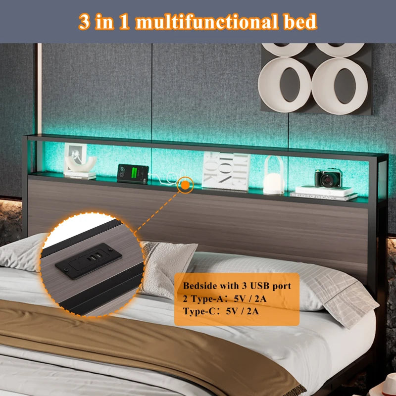 Metal Double Bed with LED Light Strip, 4 Drawers & 3 USB Ports - Stylish Gray Bedroom Furniture, 207x135.5x105 cm