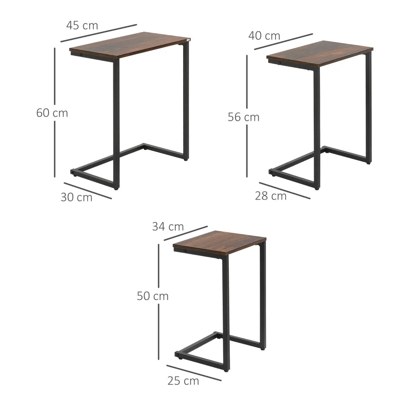 Nesting Side Tables Set of 3 C-Shaped Snack Tables with Steel Frame for Sofa Couch and Bed Rustic Brown