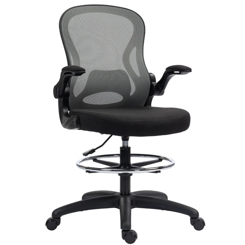 Vinsetto Adjustable Mesh Standing Desk Chair - Flip-up Armrests, Lumbar Support, Adjustable Footrest, Dark Grey