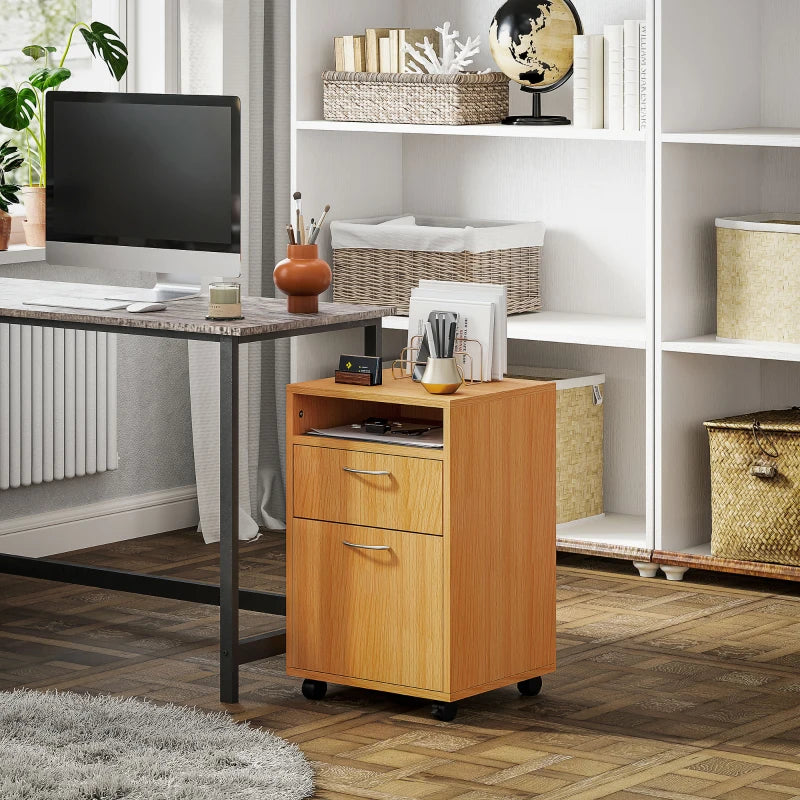 60cm Mobile Filing Cabinet with Drawer & Open Shelf, 4 Wheels, Metal Handles - Natural Wood Finish for Office & Home