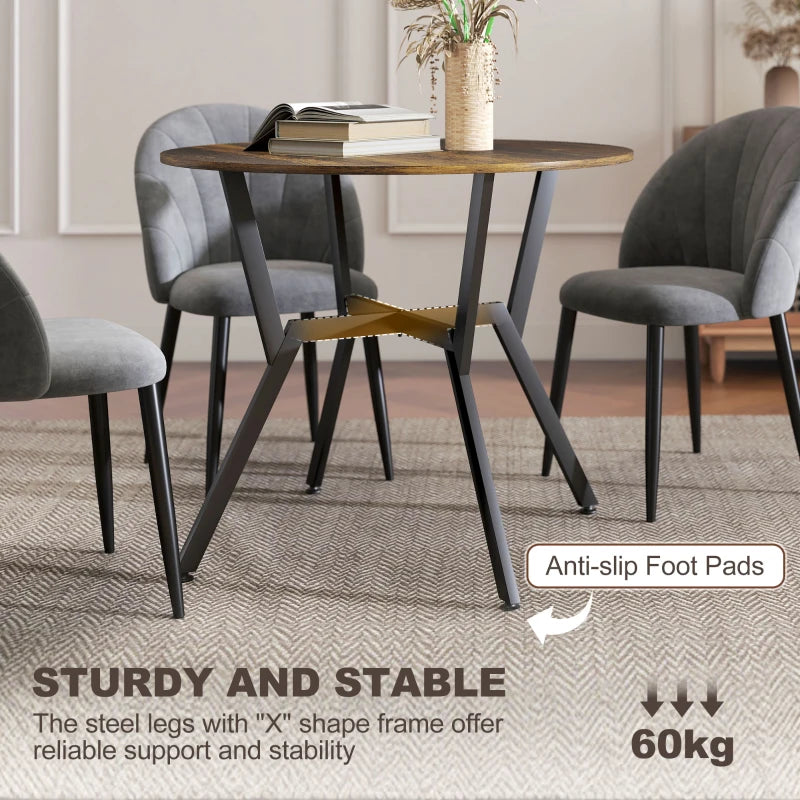 Rustic Brown Round Dining Table with Black Legs & Anti-Slip Foot Pads - 90 x 76 cm for Living Room & Kitchen