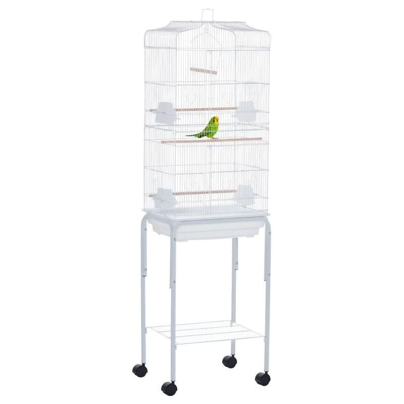 Premium Bird Cage for Budgies, Finches & Parakeets with Stand, Wheels, Slide-out Tray & Storage Shelf - White 46.5x36x157 cm