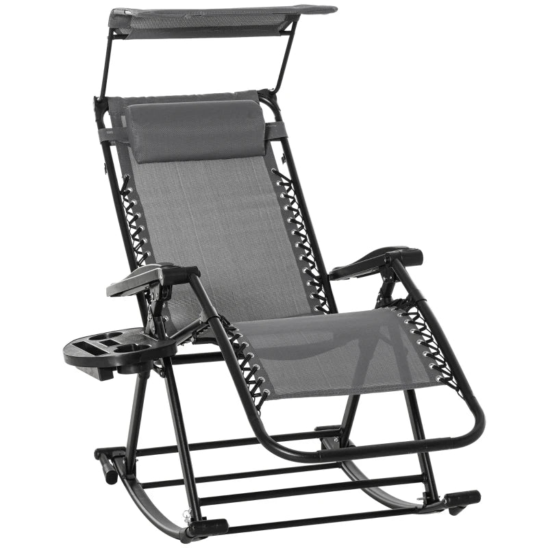 Grey Folding Rocking Sun Lounger Chair with Headrest and Side Holder