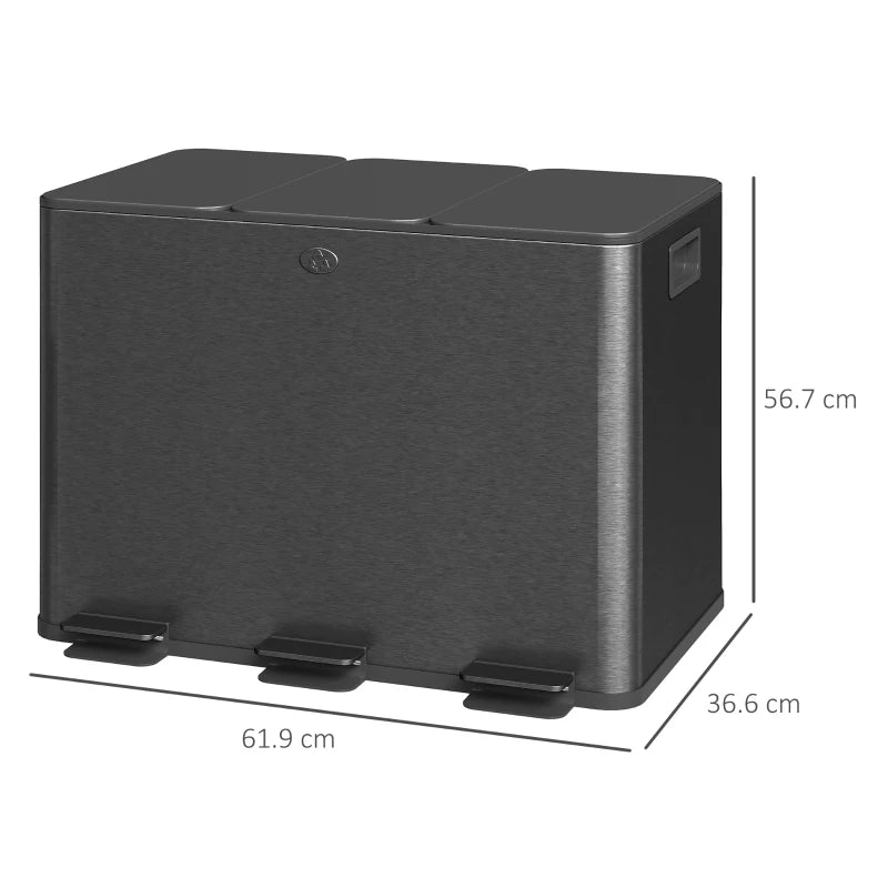 3 x 20L Steel Pedal Bin Set - Triple Kitchen Trash Can with Soft Close Lid, Removable Buckets, Fingerprint-Proof, Black