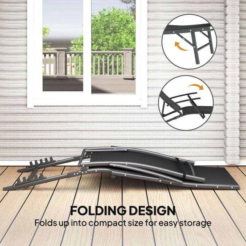 Set of 2 Adjustable Folding Sun Loungers - Black Outdoor Chaise Lounge Chairs with Armrests and Pillows, 4 Positions, Steel Frame for Garden, Patio, Beach and Poolside