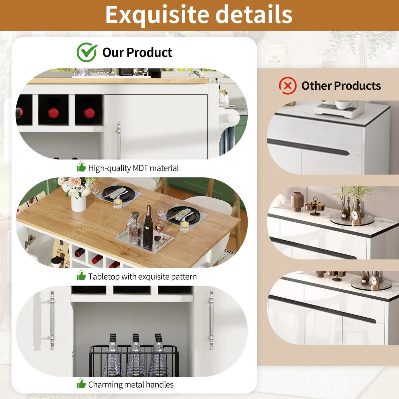 White Kitchen Island Trolley with Folding Worktop, Adjustable Shelves, Wine Rack & Spice Racks - Utility Cart 138L x 73W x 92H cm