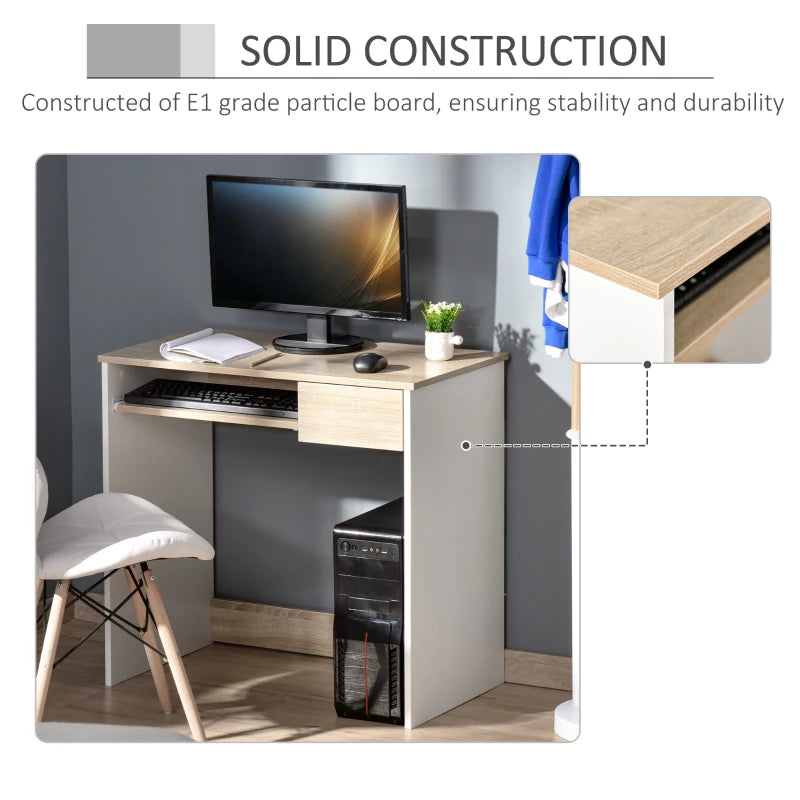 80cm Compact Computer Desk with Keyboard Tray & Drawer - Stylish Oak Home Office Desk for Bedroom Study