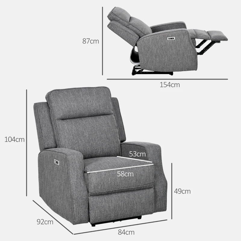 Electric Reclining Chair with USB Port and Footrest in Charcoal Grey - 150° Comfort Design