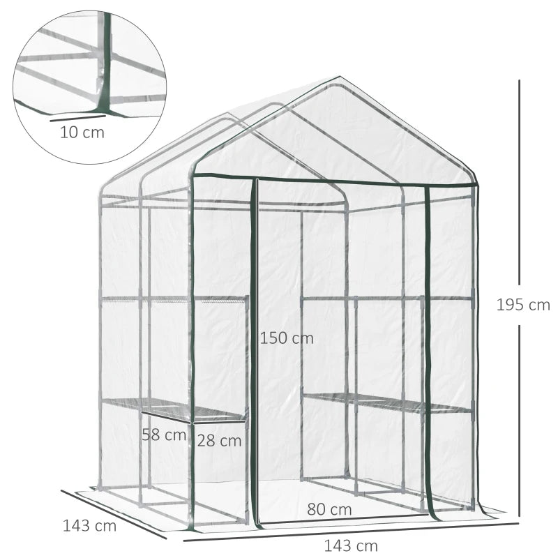 3-Tier Green Walk-in Greenhouse with Roll-up Door, Steel Frame, 143x143x195cm