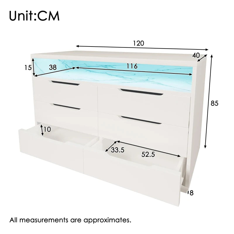 Modern Marbled 6-Drawer Sideboard with RGB LED Lighting - Stylish Storage Cabinet for Living Room & Home Office, 120x40x85 cm, White