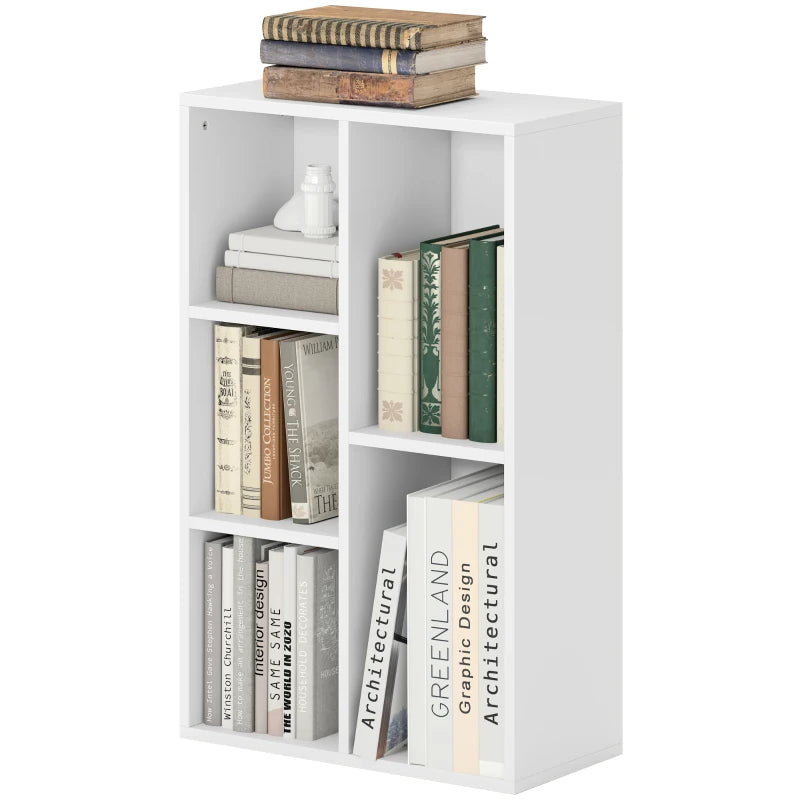Modern 2-Tier White Bookshelf with 5 Spacious Compartments - Stylish Storage Solution for Home or Office