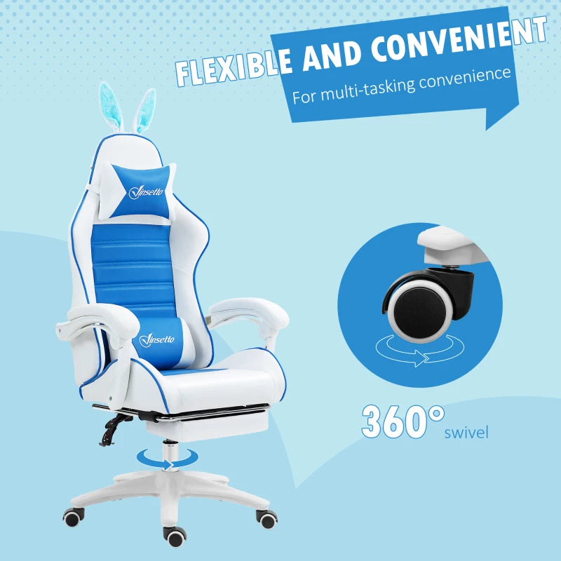 Vinsetto Racing Gaming Chair - Reclining PU Leather with Removable Rabbit Ears, Footrest & Lumbar Support - Blue