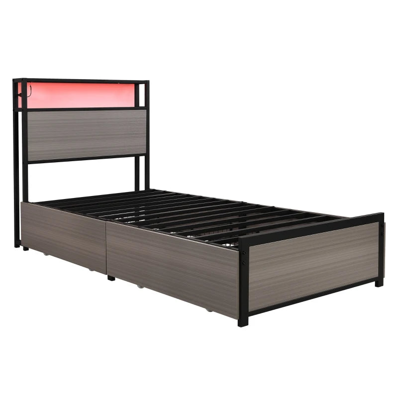Metal Single Bed with LED Light Strip, 4 Drawers & 3 USB Ports - Stylish Grey Bedroom Furniture, 207x90.5x105 cm