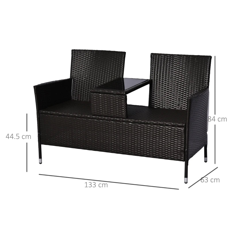 Dark Brown Rattan 2-Seater Outdoor Patio Loveseat with Drink Table
