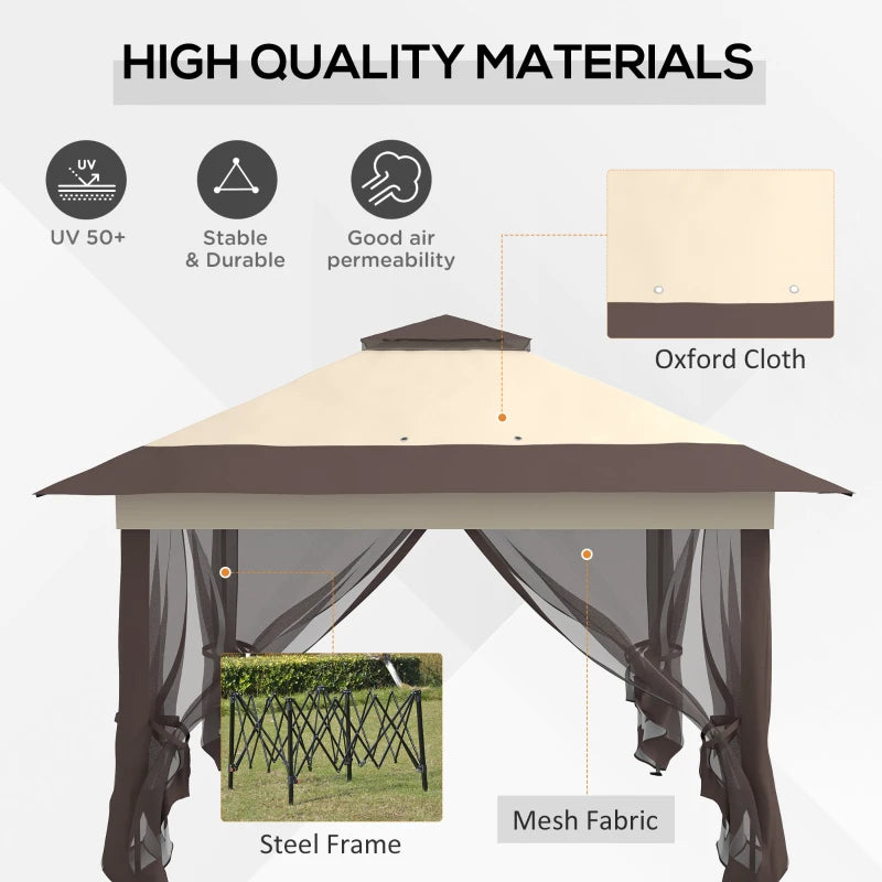 3.6m x 3.6m Khaki Pop Up Gazebo with Netting - Height Adjustable Instant Canopy Party Tent