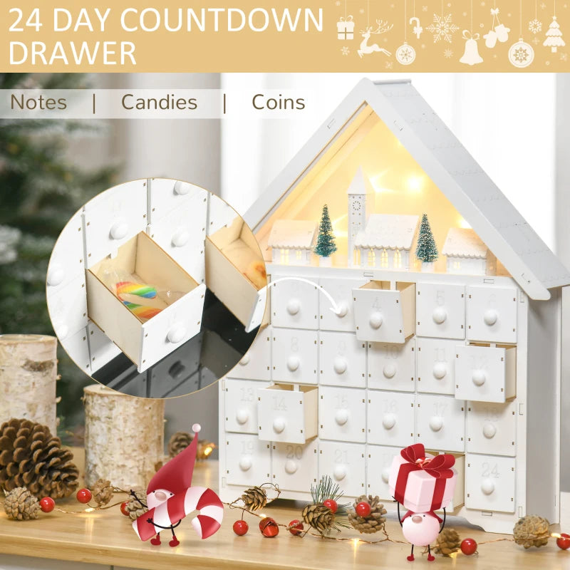 24-Drawer Light-Up Wooden Christmas Advent Calendar - Traditional Holiday Countdown Decoration for Kids & Adults - White House Design