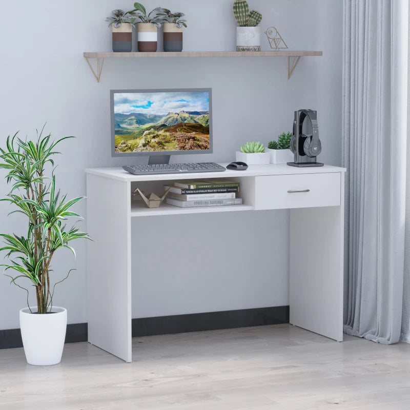 Compact White Computer Desk with Drawer & Storage Compartment - Stylish Study Table & Writing Workstation for Home Office