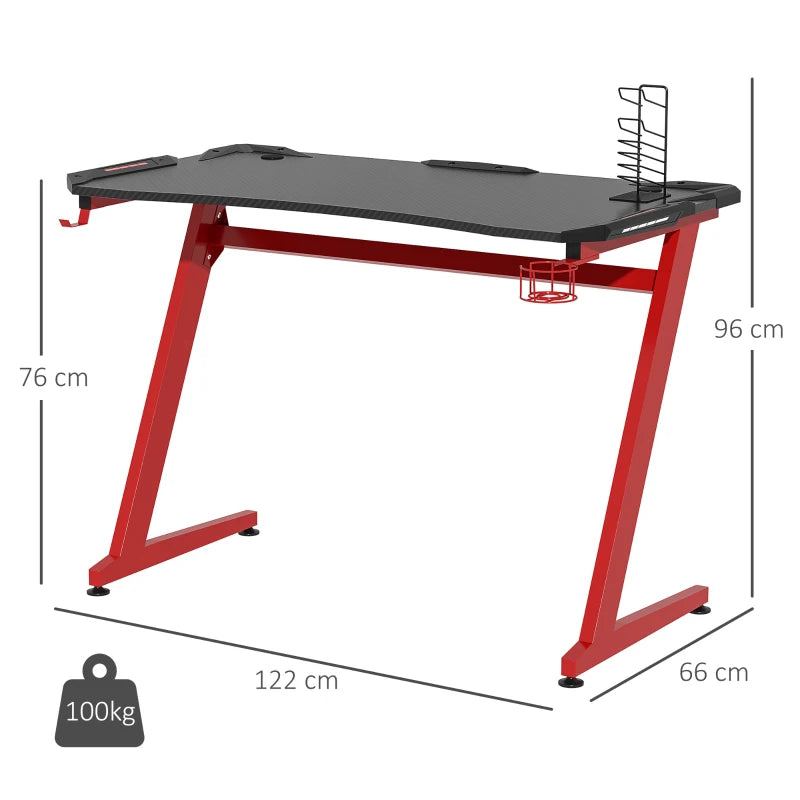 Carbon Fibre Gaming Desk 122x66 cm - Black & Red Gamer Workstation with Headphone Hook, Cup Holder & Gamepad Storage