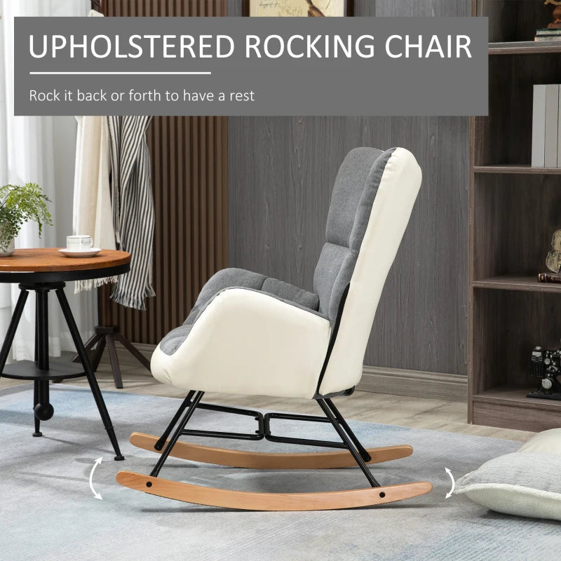 Soft Padded Rocking Wingback Armchair with Wooden Legs in Grey and Cream for Stylish Comfort