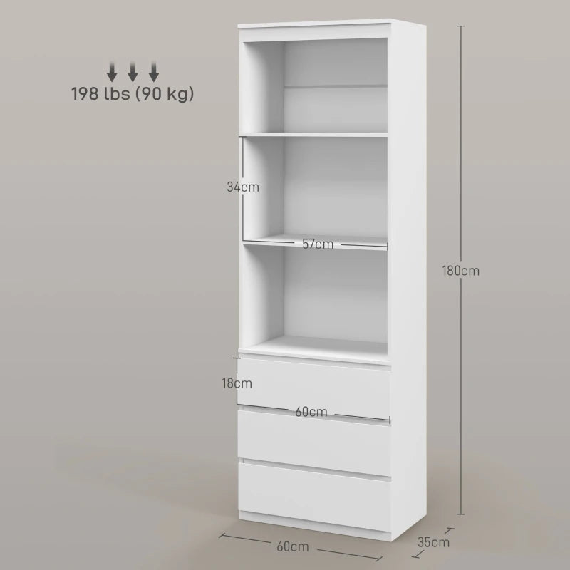 Elegant 180cm Tall White Bookcase with Shelves and Drawers - Perfect for Home or Office Storage
