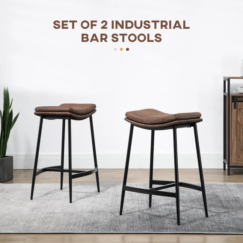 Set of 2 Microfibre Upholstered Breakfast Bar Stools - Industrial Curved Seat Bar Chairs with Steel Frame, Brown