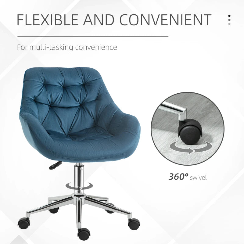Vinsetto Blue Velvet Ergonomic Home Office Chair - Adjustable Height, Arm & Back Support, Comfy Desk Chair for Work