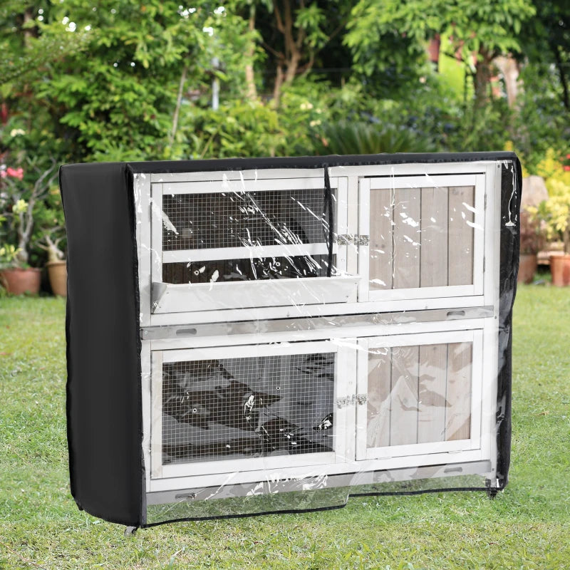 White Wooden Pet Hutch - Two-Tier Cage with Rain Cover & Wheels for Easy Mobility - Perfect for Rabbits & Small Pets