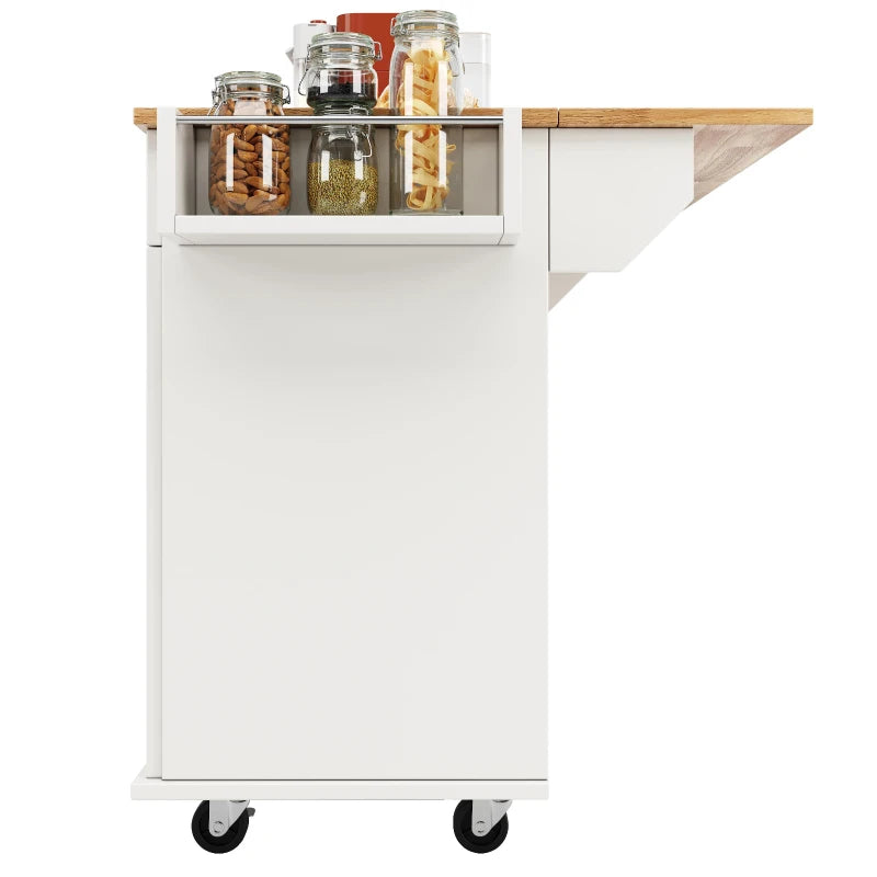 Waterproof Kitchen Island Trolley with Rolling Casters & Adjustable Shelf - Elegant White Kitchen Cart with Folding Side Board, 128L x 78W x 90.5H cm