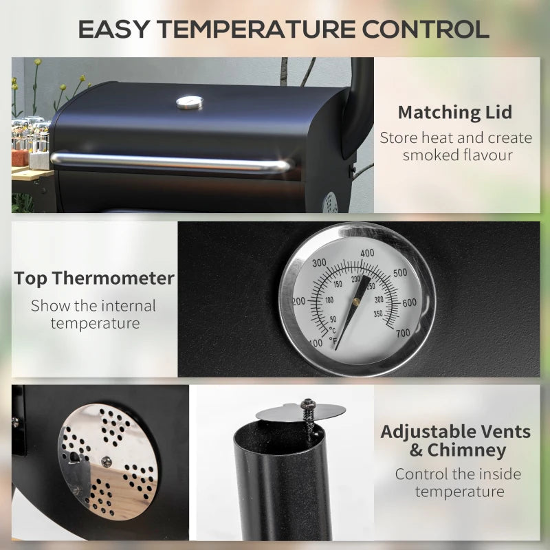 Charcoal BBQ Grill with Thermometer, Shelves, and Wheels - Black