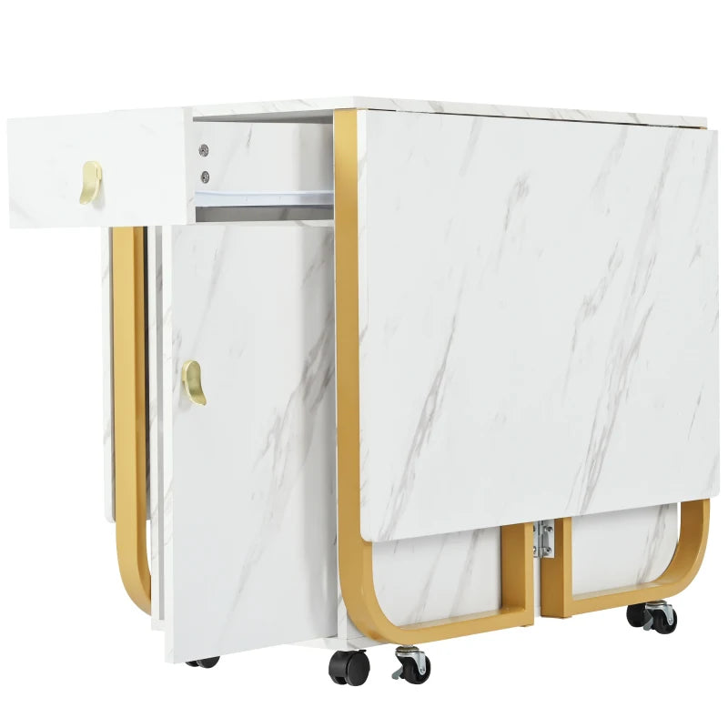 Folding Extendable Dining Table with Cupboard & 2 Drawers - Space-Saving Utility Table on Castors, Adjustable Legs, White/Gold