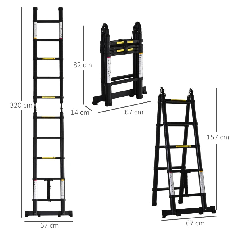 Black 10-Step Telescopic Aluminium Ladder for Home