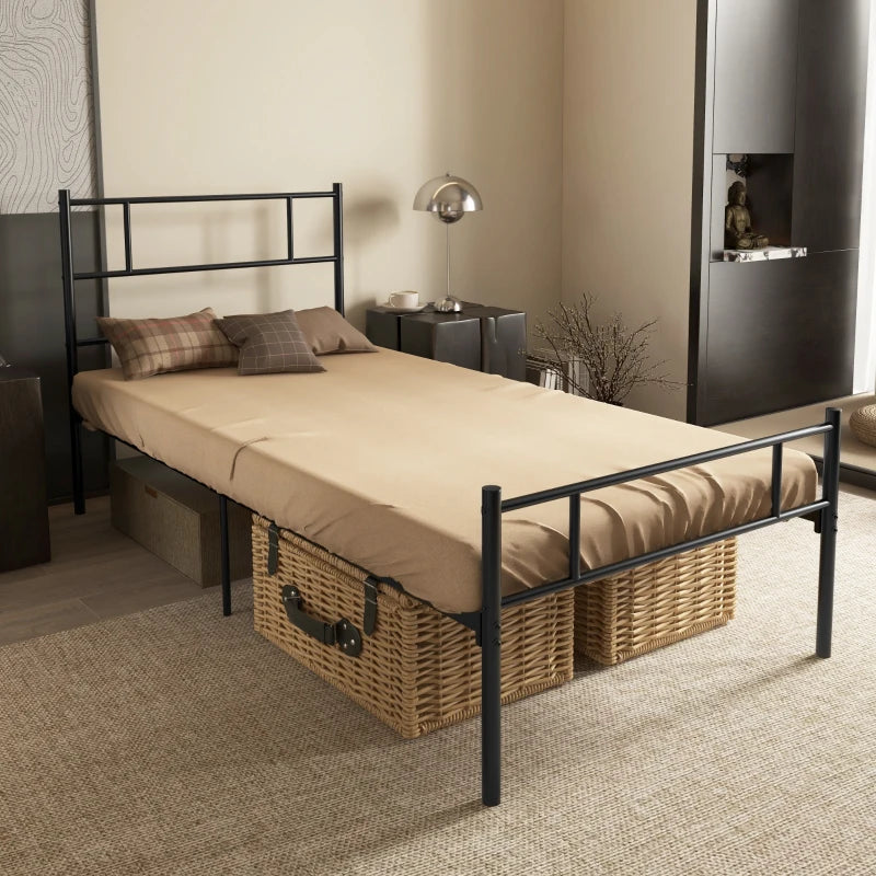 Unique Black Metal Bed Frame with Headboard & Footboard - Solid Slat Support & Underbed Storage - Stylish Bedroom Furniture