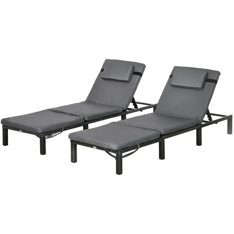 Grey Rattan Reclining Sun Loungers Set with Cushions - 2 Pack