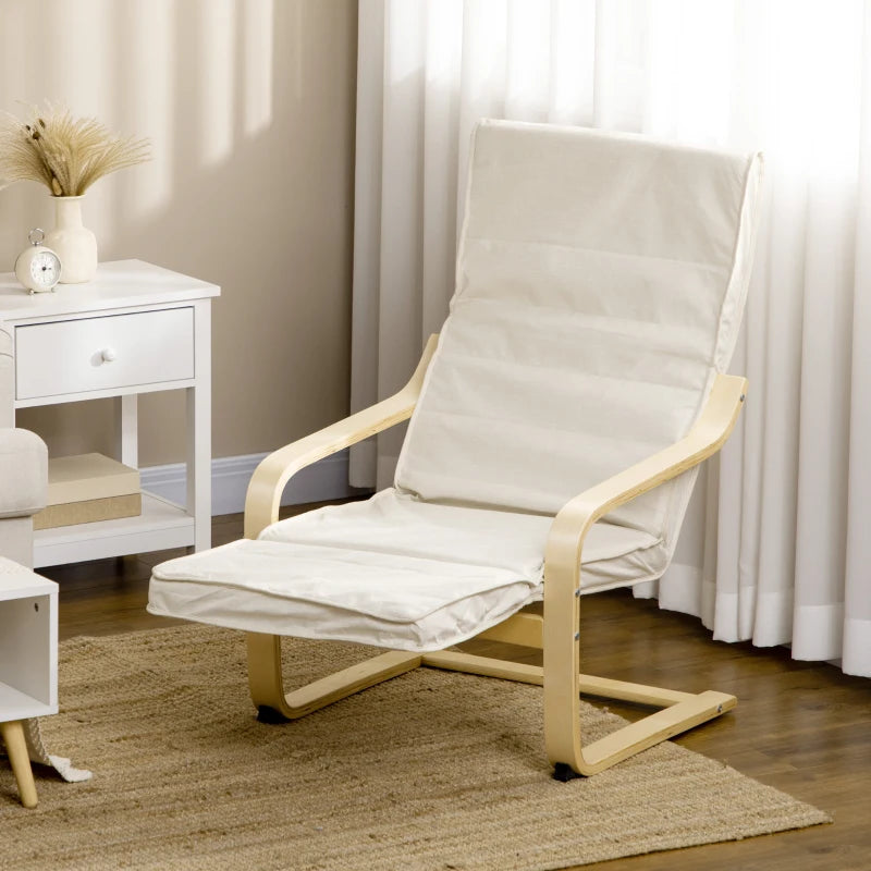 Cream White Wooden Reclining Lounge Chair with Adjustable Footrest and Removable Cushion for Deck Relaxation