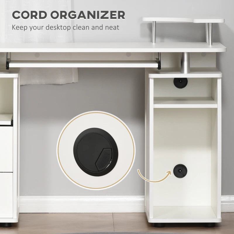 Modern White Computer Desk with Keyboard Tray, CPU Shelf, Drawers & Sliding Scanner Shelf - Ideal Office Workstation