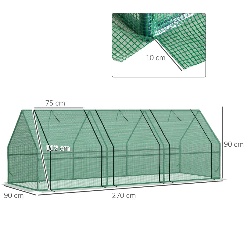 Green Steel Frame Mini Small Greenhouse with Zipped Window, 270 x 90 x 90 cm