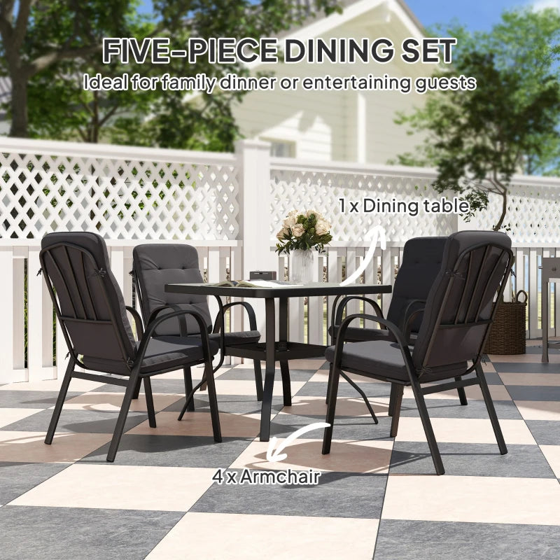 5-Piece Outdoor Square Garden Dining Set with Glass Table & Cushioned Chairs - Black