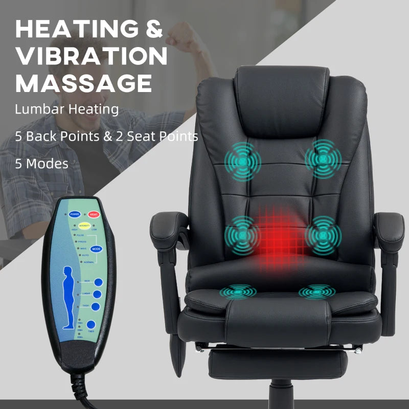 Vinsetto Ergonomic Office Chair with 6-Point Massage, Back Heat, Adjustable Footrest, Swivel Wheels, Reclining - Black PU