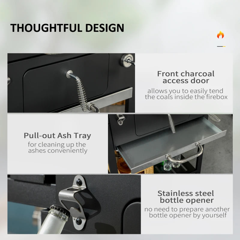 Charcoal BBQ Grill with Wide Cooking Surface and Convenient Features, Black