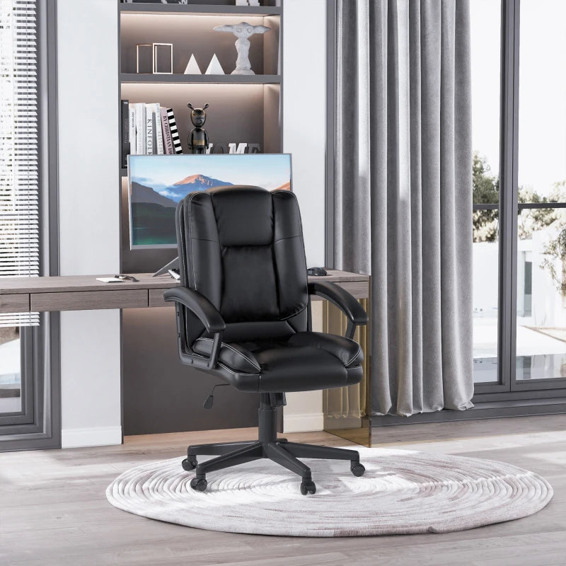 Ergonomic PU Leather Office Chair - Adjustable Mid Back Executive Desk Chair with Swivel Wheels for Home & Study, Black