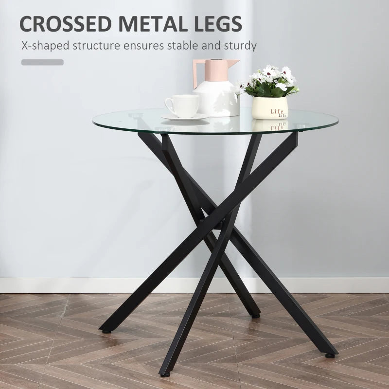 Modern Round Dining Table with Clear Tempered Glass Top & Metal Legs - Stylish Kitchen & Living Room Furniture, Black