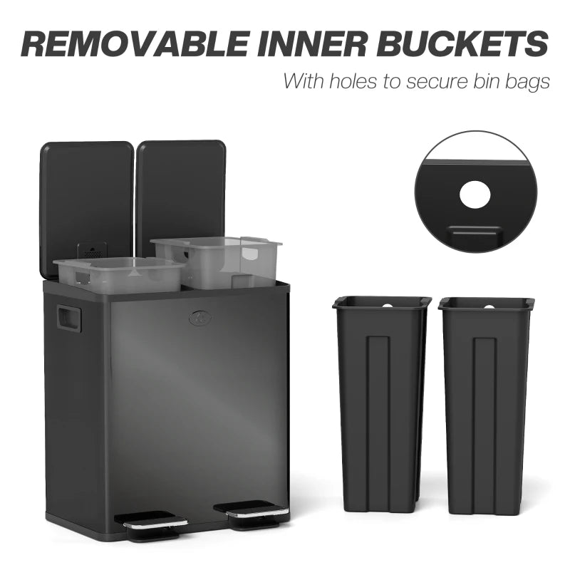 40L Dual Compartment Stainless Steel Bin with Deodoriser Holders - Glossy Black Trash Can for Kitchen & Home
